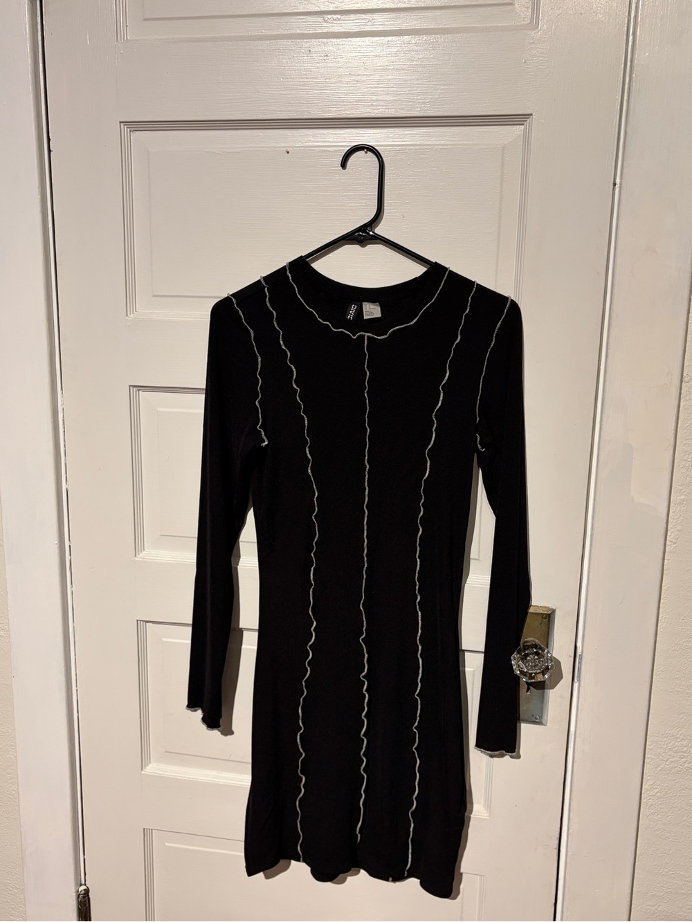 H&M Black Long-Sleeve Knit Dress with Cream Contrast Stitching